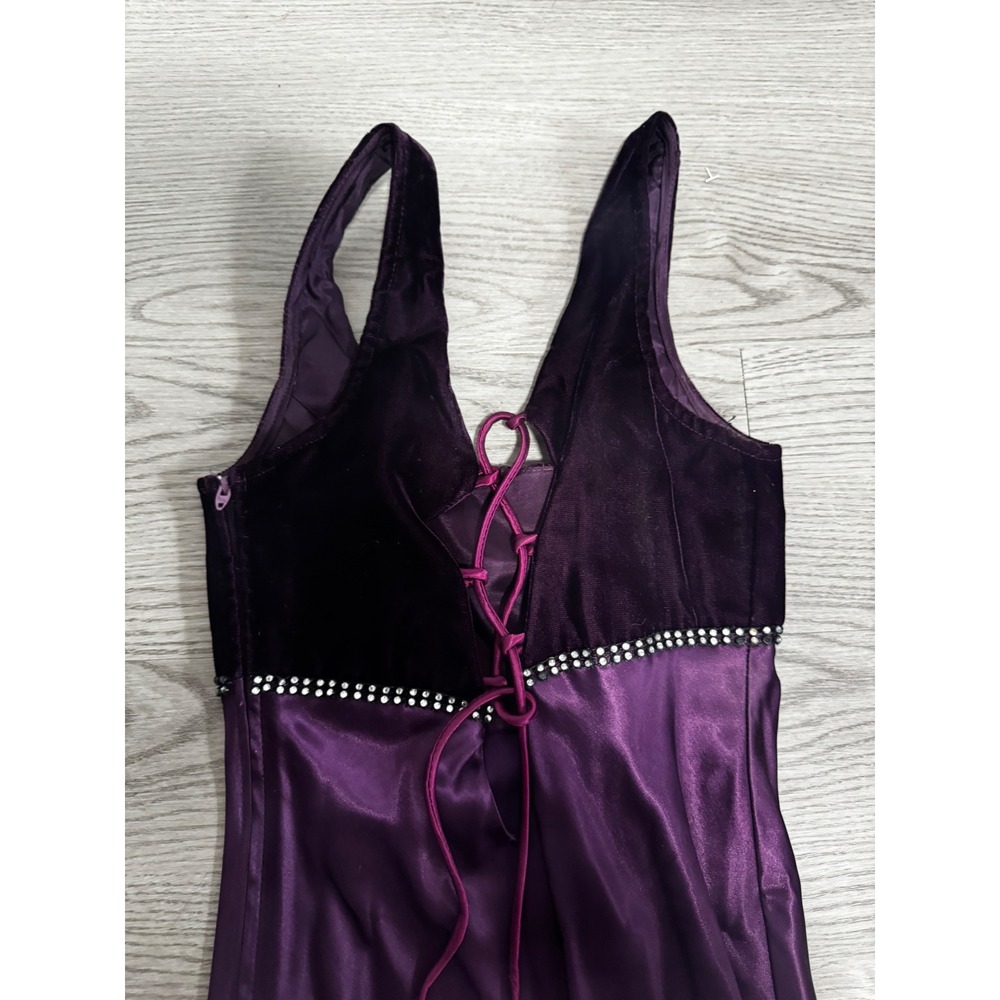 Vintage Jump Apparel Co Purple Velvet Satin Rhinestone Lace Up Maxi Dress Size 3 - Picture 5 of 5
